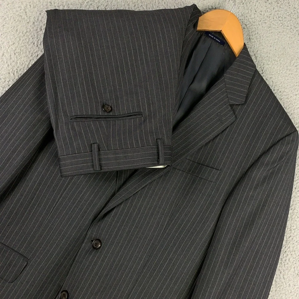 Ralph Ralph Lauren 2 Piece Suit 42L Grey Pinstripe Wool Pleated Pants 34x30.5